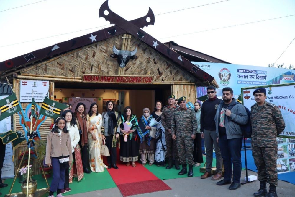 Reeta Sahi, Zonal President Army Wives Welfare Association, Spear Corps, Maj Gen Sumit Kabthiyal, GOC, Red Shield Division and others during the inauguration of Indian Army Morung at Kisama Village on December 1. (Photo Courtesy: PRO, Ministry of Defence)